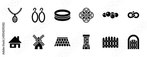 Collection of various black silhouette icons representing different objects and concepts in a graphic design set.