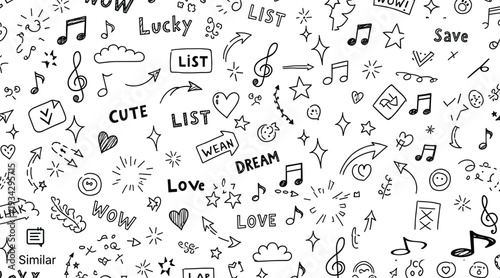 Seamless Music Doodle Pattern Vector Featuring Notes Arrows Hearts Stars Words and Cute Hand Drawn Elements for Creative Background Wallpaper and Social Media Design