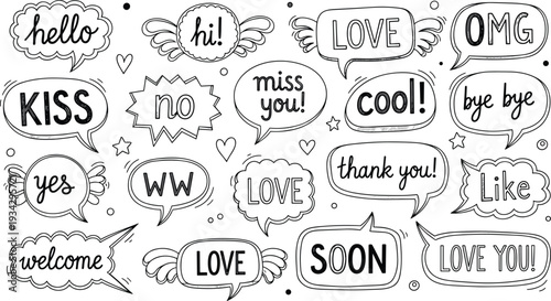 Hand Drawn Speech Bubble Doodle Vector Set Featuring Hello Love OMG Cool Thank You and Other Chat Expressions in Comic Outline Style for Social Media Design