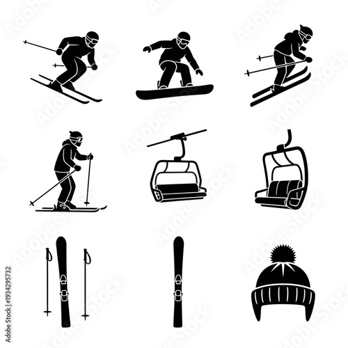 Skiing icons including people skiing and ski lifts
