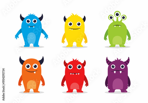 Funny blue fluffy monster with tiny horns dancing on bright yellow background smiling happily at colorful cartoon party.