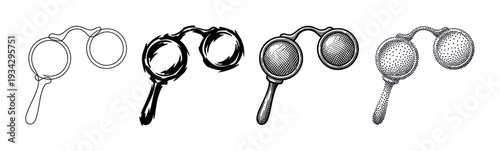 Vintage opera glasses and lorgnette illustrations showcase diverse artistic drawing techniques in a cohesive set.