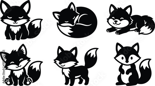 Cute flat design fox icon set close up six playful poses sleeping sitting standing curled tail smiling face simple black and white vector art minimalist badge