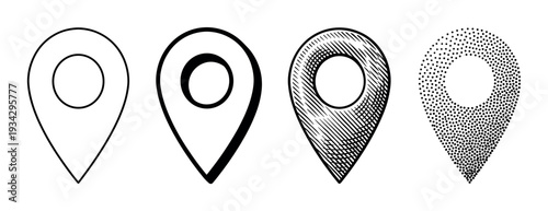 Four distinct map pin icons representing various styles of location markers for navigation and digital interfaces.