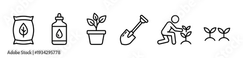Gardening and planting icons illustrating the process of cultivation from fertilizer application to growing seedlings.