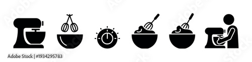 Baking and mixing kitchen tools and process icons illustrate various steps and equipment used in food preparation and cooking.