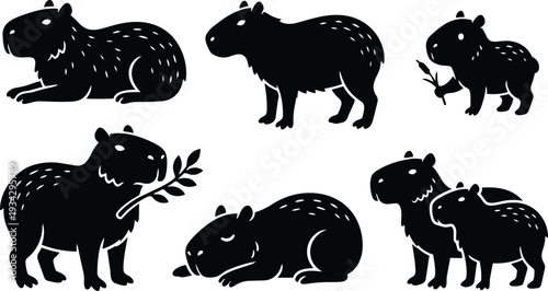 Minimalist vector art side view capybara family set showing adult and baby capybaras eating resting standing close up flat silhouette style bold simple composition