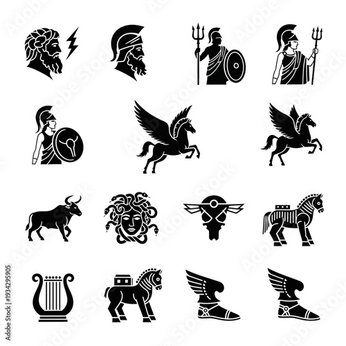 A collection of mythological creatures and symbols