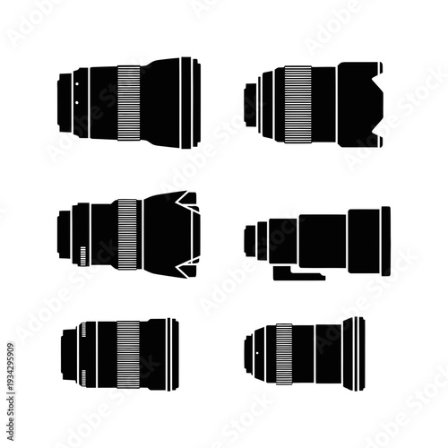A collection of six different camera lenses