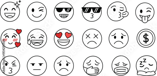 Cute Emoji Faces Vector Set Featuring Smiling Wink Love Cool Sad Sick Sleeping Money and Kiss Expressions Outline Icons Isolated on White Background for Chat and Social Media Design