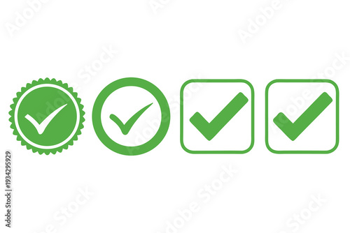 Green check mark icon set for approval, success and quality control