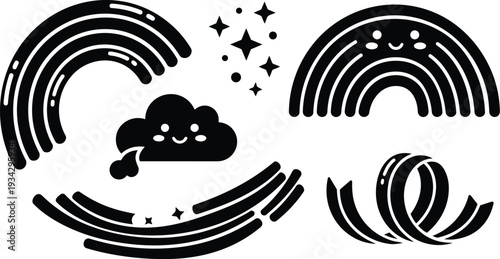 Playful vector art close up smiling cloud with three cartoon rainbows and scattered stars curved arcs and ribbon swirl composition in bold black minimalist graphic