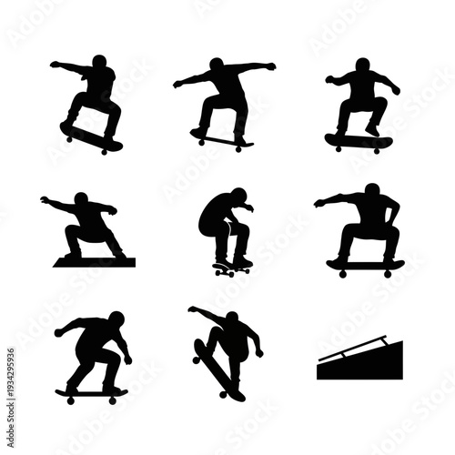 A collection of skateboarding silhouettes in various poses and actions