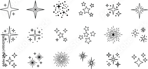  Sparkle Starburst Vector Icon Set Featuring Hand Drawn Twinkle Stars Glitter Shine Effects and Decorative Light Burst Elements Isolated on White Background for Design Projects