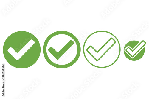 Green check mark icon set for web and app interface, vector design