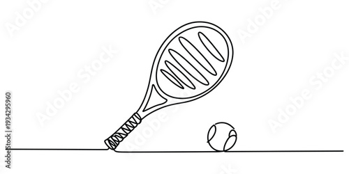 Minimalist continuous line art tennis racket and ball