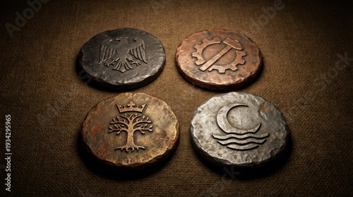Four intricately engraved fantasy faction tokens featuring distinct ancient symbols on a textured surface