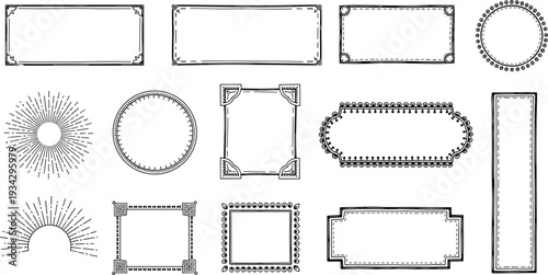 Vintage Decorative Frame Collection with Ornamental Borders and Sunburst Elements Vector Illustration Set