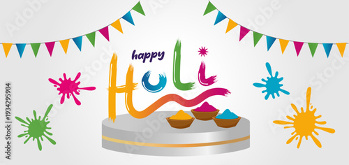 Modern Banner of Happy Holi Festival in India. Powder Gulal, festive flags, multicolored splashes of paint.