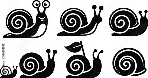 Minimalist vector flat design snail icon set with spiral shells multiple poses close up side view crawling smiling snail on leaf black silhouette bold simple scalable