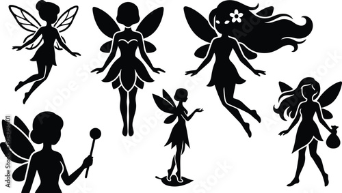 Silhouette fairy vector art set showing six flying fairies in varied poses with wands bags and flowing hair side view simple black shapes flat design icons