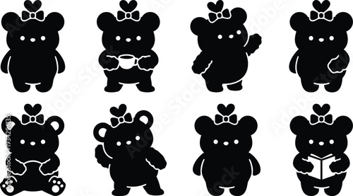 Cute flat vector bear icon set in eight silhouette poses holding cup book waving sitting walking and reading minimalist black kawaii shapes front facing close up