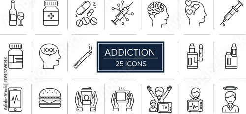 Addiction Line Icons Set with Alcohol Drugs Smoking Gambling and Digital Dependency Symbols Isolated on White Background Vector Collection
