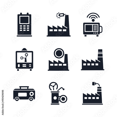 Industrial icons set including factory and machinery symbols