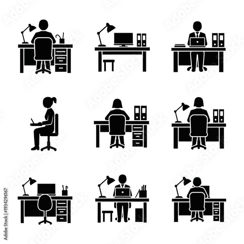 Various people working at computer desks