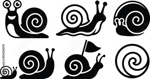 Minimalist black snail icon set with spiral shells various poses flag detail close up and flat vector art for logo sticker decal mockup silhouette outline collection