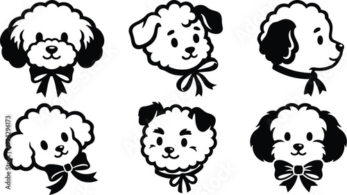 Minimalist icon set six fluffy dog head portraits with bows close up front and profile views black and white vector line art cute playful rounded shapes