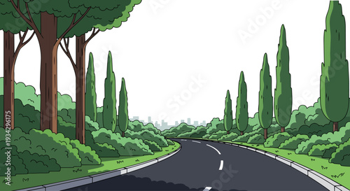 Flat 2D illustration of an empty urban city park pathway with a winding road and tall trees along the sides on a bright day.