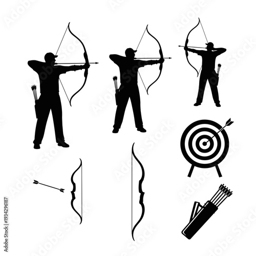Archery silhouettes with bows and target
