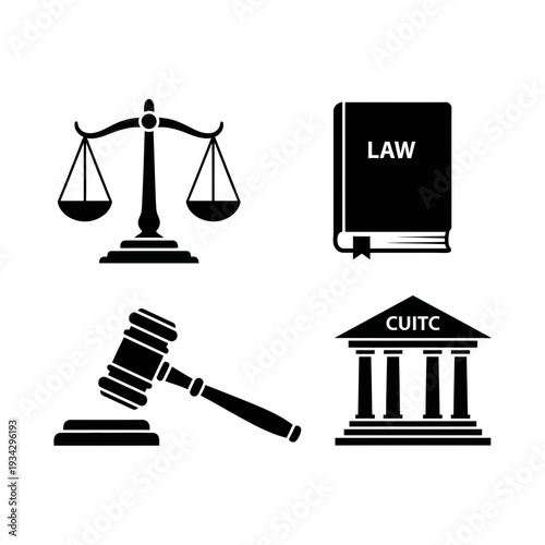 Law and justice symbols including scales book gavel and courthouse