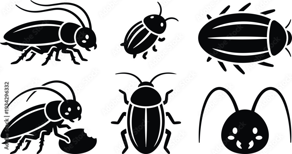Fototapeta premium Minimalist black insect icon set showing six cockroach silhouettes in side view top view close up feeding pose antenna details clean vector art for labeling illustration