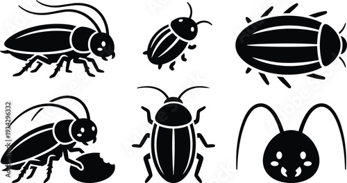 Minimalist black insect icon set showing six cockroach silhouettes in side view top view close up feeding pose antenna details clean vector art for labeling illustration