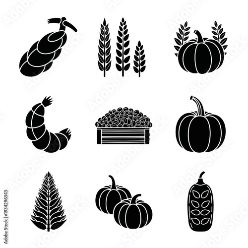 A black and white illustration of various fall icons