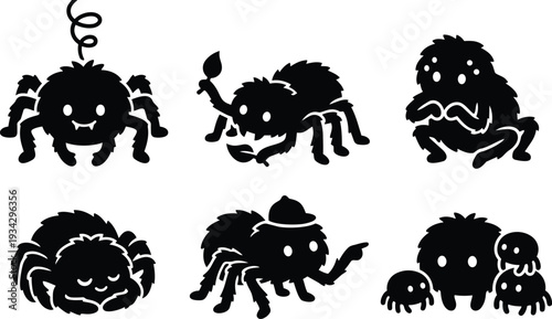 Cute vector art close up spider characters in various poses smiling looking at camera and holding leaf wearing hat playful silhouette icons for stickers children designs