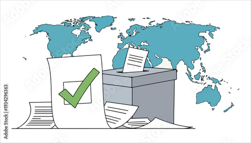 Illustration of a ballot box, voting papers with a green checkmark, and a world map, symbolizing global elections and democracy.
