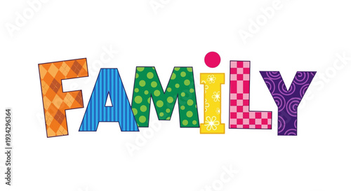 Colorful typographic illustration of the word family in a playful, vibrant style