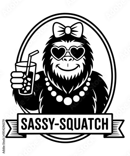 Sassy-Squatch: Minimalist Vector Mascot of a Glamorous Female Bigfoot