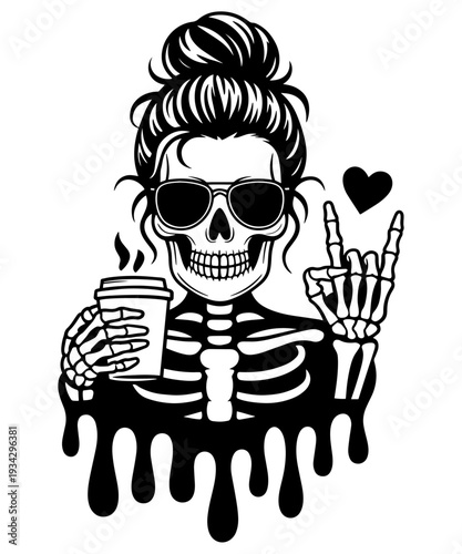 Cool Skeleton Girl with Messy Bun and Coffee