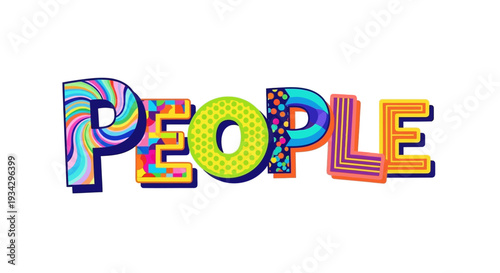 Vibrant illustration of people in a colorful typographic display