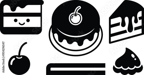 Minimalist vector cake icons set overhead view smiling slice whole cake cherry dollop icing simple flat design black and white close up for bakery branding mockup