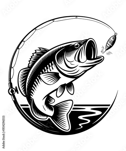Leaping Bass Fish Going for a Lure Vector Emblem