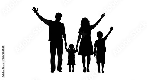 Family of four standing together with arms raised in joy and unity, creating a heartwarming scene of love and togetherness.