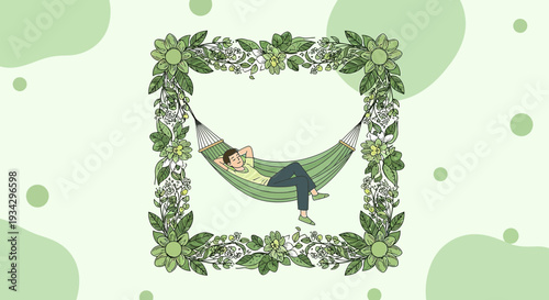 Relaxing Man in Hammock Framed by Green Floral Border, Springtime Serenity