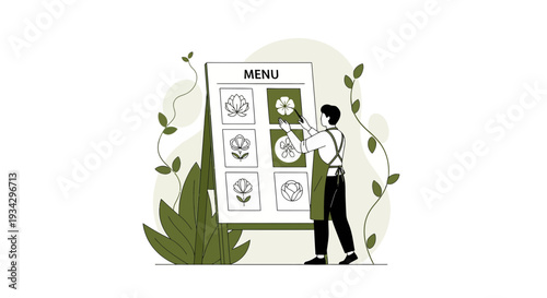 Restaurant Menu Board with Floral Illustrations and Chef