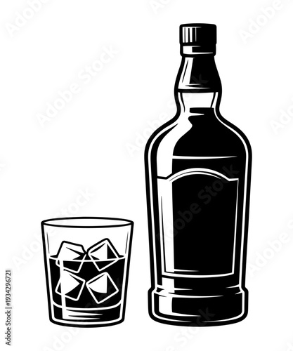 Classic Whiskey Bottle and Glass with Ice Vector Illustration