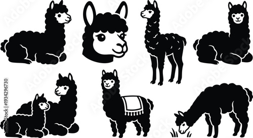 Minimalist black silhouette vector alpaca set showing multiple poses close up head grazing sitting standing lying mother and baby with decorative blanket flat design mockup front